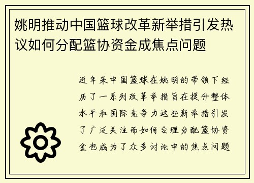 姚明推动中国篮球改革新举措引发热议如何分配篮协资金成焦点问题