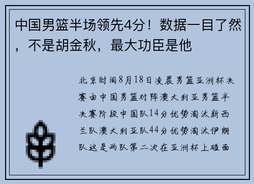 中国男篮半场领先4分！数据一目了然，不是胡金秋，最大功臣是他